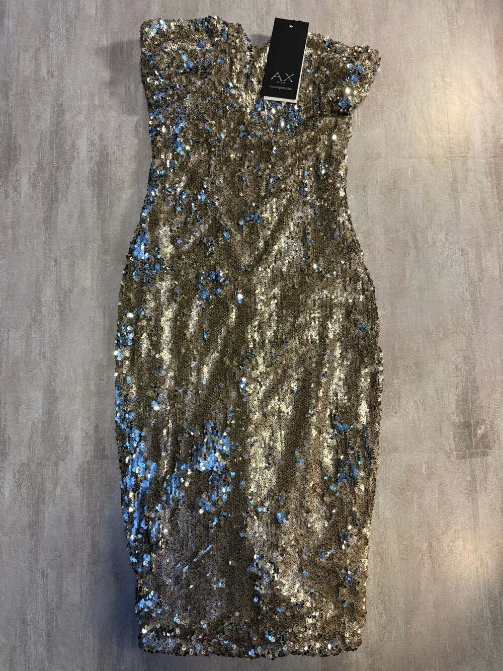 AX Paris Gold Sequined Strapless Midi Dress Size 8